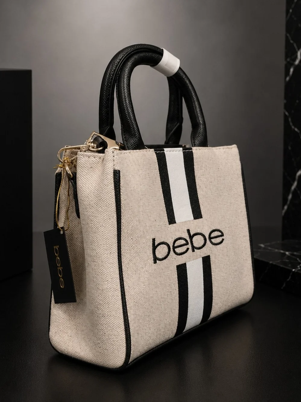 bebe Cream Canvas Paisley Satchel with Black Leather Handles